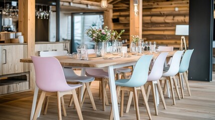 Scandinavian-style wooden dining table with pastel chairs, cozy lighting --ar 16:9 --v 6.1 Job ID: 17c149ca-6182-4a33-966e-47f1a5372a71