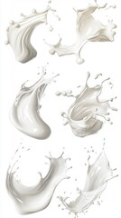 Collection of Dynamic Milk Splashes Against White Backdrop Capturing Movement and Purity for Food and Beverage Concepts