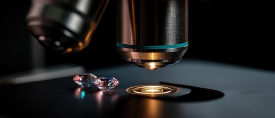 Captivating close up of precious gemstones under microscope lens revealing intricate details and brilliant colors in dark background for scientific research