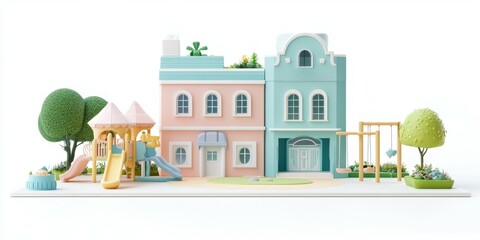Childhood Paradise: A whimsical playground with vibrant pastel-colored houses and fun elements like swings, a slide, and a sandpit invites children to enjoy pure playtime.