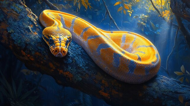 Python rests on branch in jungle, light filters through trees. Use nature print