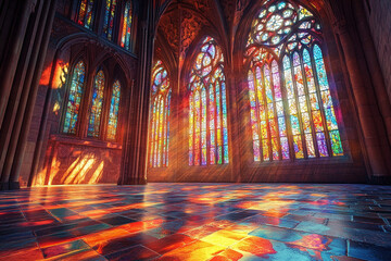 Gothic architecture with light-filled stained glass windows casting vivid patterns inside church