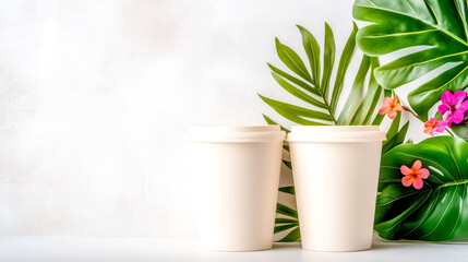 Biodegradable containers with tropical leaves promoting eco friendly practices