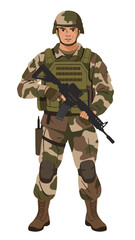 Animated Military Character in Tactical Uniform Holding Gun - Army Infantry Defense Gear Illustration