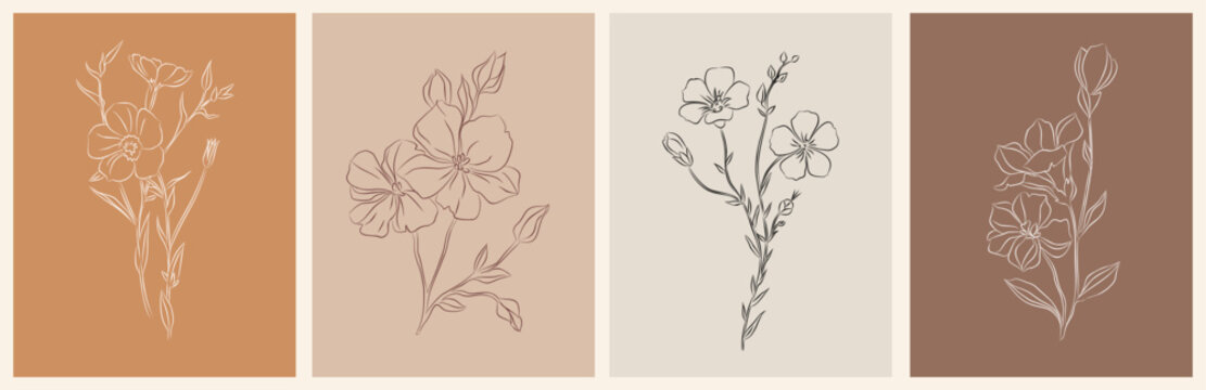 One Line Drawing Vector Falx Flowers Print Set. Medical herbs sketch outline illustrations isolated on terracotta beige backgrounds
