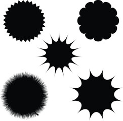 five varied black starburst shapes set of black and white stars vector isolated on background.