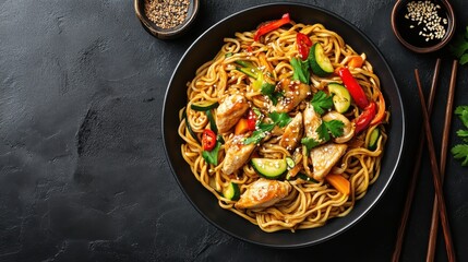 Delicious stir-fried noodles with chicken and colorful vegetables on a dark textured surface