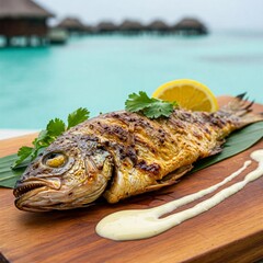  Grilled Whole Fish with Lemon and Herbs, Delicious Seafood Whole Fish Dinner, Roasted Whole Fish with Tropical Background
