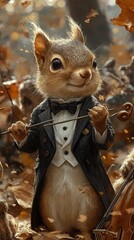 Squirrel wearing a tuxedo stands in a forest with fallen leaves.