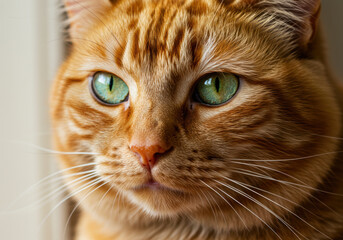 Close up portrait of a beautiful orange cat with striking green eyes