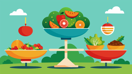 Giant bowls of fresh salad and grilled vegetables balance out the meatheavy spread.. Vector illustration