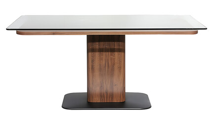 A wooden table with a glass top sits on a white background