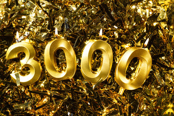 3k followers thank you on golden tinsel background. 3000 network friends, subscriber, followers and likes