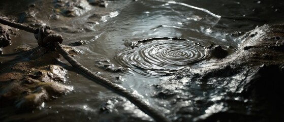 Muddy Waters Ripple with Rope Detail Capturing Texture and Light in a Dark Moody Environment
