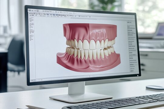 Interactive dental model displayed on a computer screen in a modern dental office environment
