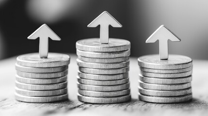 Coins and Arrows Stacked on Black and White Background: A Visual Representation of Financial Growth, Investment Strategy, and Wealth Increase