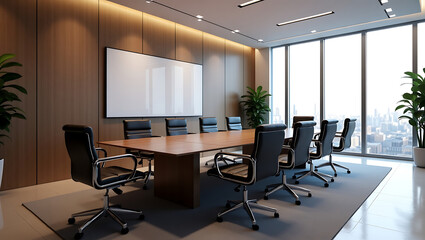Modern Conference Room with City View: Elegant Office Interior for Business Meetings and Team Collaboration