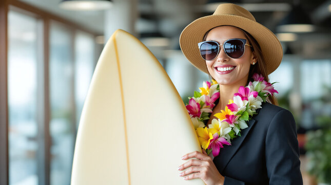 A businesswoman in a wreath of flowers and sunglasses with a surfboard against the background of an office — a contrast between work and rest, work-life balance