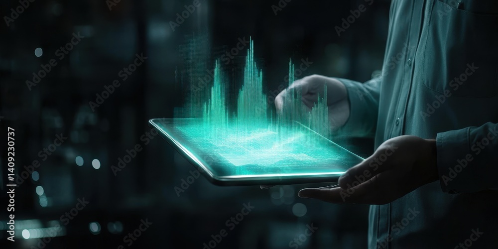 Poster analyzing data with technology: a person uses a tablet to analyze data, the screen displays a digita