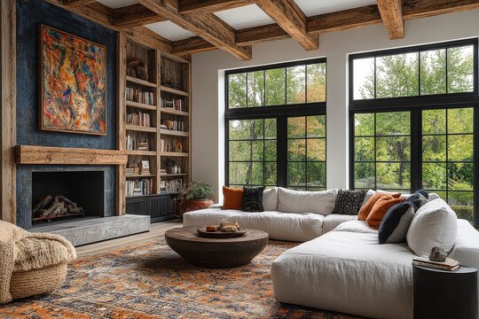Cozy modern farmhouse living room with fireplace, built-in bookshelves, blue accent wall and wooden ceiling beams