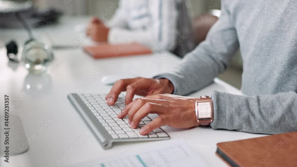 Poster keyboard, computer and hands of businessman in office typing for finance proposal with online client