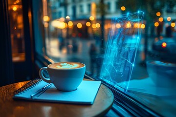 a cafe window seat with coffee, notebook, and tablet, glowing blue tech lines lightly overlaying the tablet screen only, natural outside light