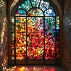 Stained glass window with colorful abstract design in a stone archway.