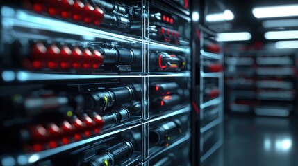 Server racks in data center, illuminated components, modern design, and technology