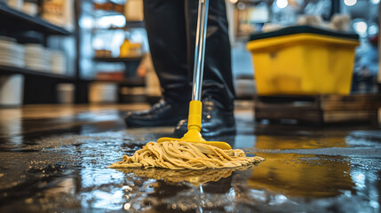 A yellow mop cleans a wet, reflective floor, with a person and cleaning bucket visible in the blurred background.