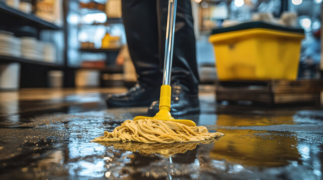 A yellow mop cleans a wet, reflective floor, with a person and cleaning bucket visible in the blurred background.