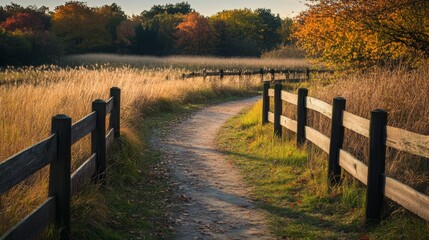 A winding path in a field with a wooden fence on either side, surrounded by trees with autumn colors