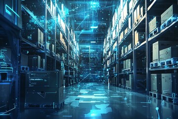 a warehouse with steel shelves and crates, with soft blue tech particles and circuit lines tracing through the air, digital logistics visualization