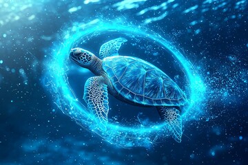 a turtle swimming underwater surrounded by glowing blue tech rings and soft particles, futuristic digital ocean life scene