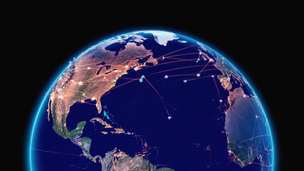 Interconnected world network represented on a vibrant earth globe visual