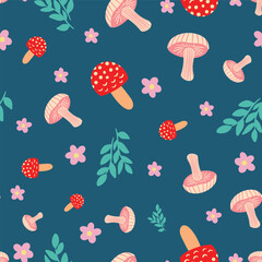 Colorful mushrooms vector seamless pattern on blue