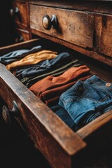 Rustic Wooden Drawer Filled with Neatly Folded Colorful Clothes Jeans T Shirts in Soft Natural Light Vintage Style Wardrobe Organization and Cozy Home Interior