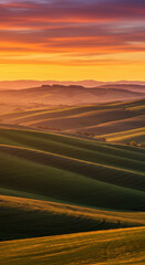A breathtaking landscape of rolling hills at sunset showcasing warm, golden hues