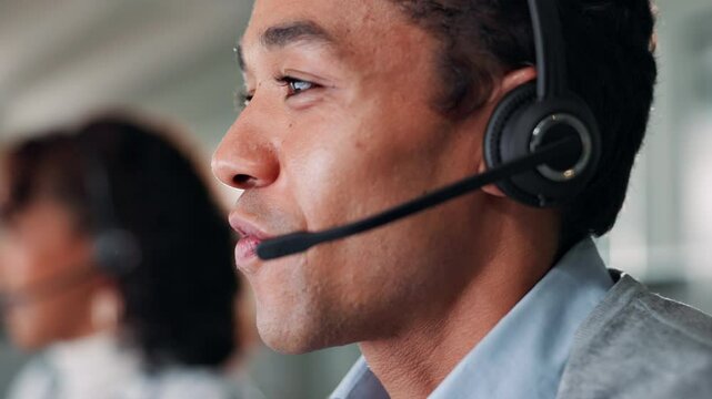 Contact us, man and customer support in office with help, communication and online consultant. Call center, headset and technical service crm, advice discussion or sales agent coworking for hotline