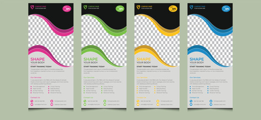 Simple creative modern corporate professional company editable elegant business yoga sport ads gym fitness strong body building rollup banner template design black yellow green blue purple colors.