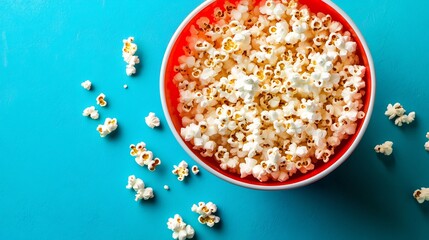Top down shot of a red bucket of popcorn on a bright turquoise background with a few kernels spilled