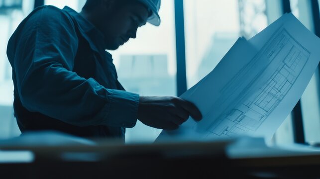 Engineer verifying construction blueprints while inspecting site progress. Featuring accuracy and planning