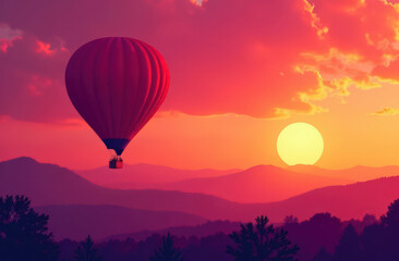 Fototapeta premium Majestic hot air balloon at sunset over serene mountain landscape