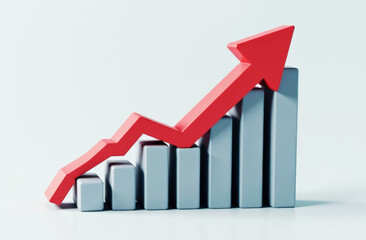 Red arrow increasing over gray bar chart indicating business growth and success