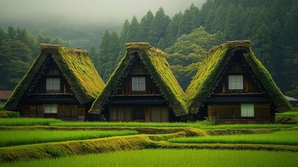 Traditional thatched houses surrounded by lush rice fields in a serene morning landscape