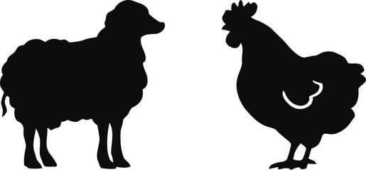 Black Silhouettes of Sheep and Chicken – Minimalist Farm Animal Vector Illustration for Agriculture and Livestock Design
