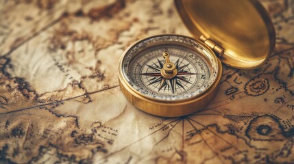 Discovering new horizons with a vintage compass on an ancient map in warm sunlight