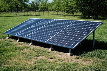 Aerial close-up of solar panels on the ground with blue sky backdrop, sunlight illuminating one panel and casting shadows on another, depicting energy and green technology in a photorealistic 