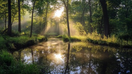 Sunlight shining through the trees in a misty forest.