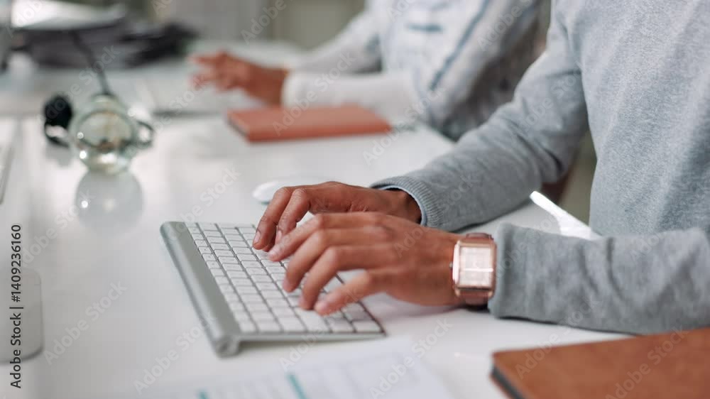 Poster keyboard, hands and businessman in office typing for finance proposal with online client. technology