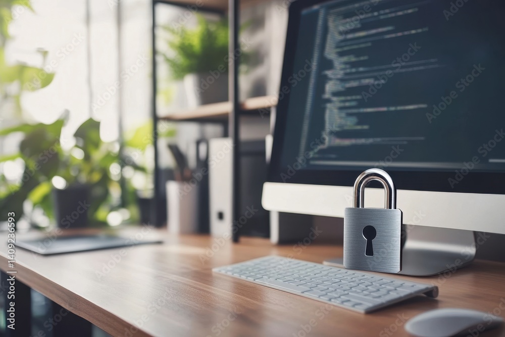 Poster cybersecurity workstation: a close-up shot of a modern workspace featuring a computer displaying lin